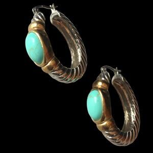 Chunky faux turquoise silver and gold tone oblong hoop earrings